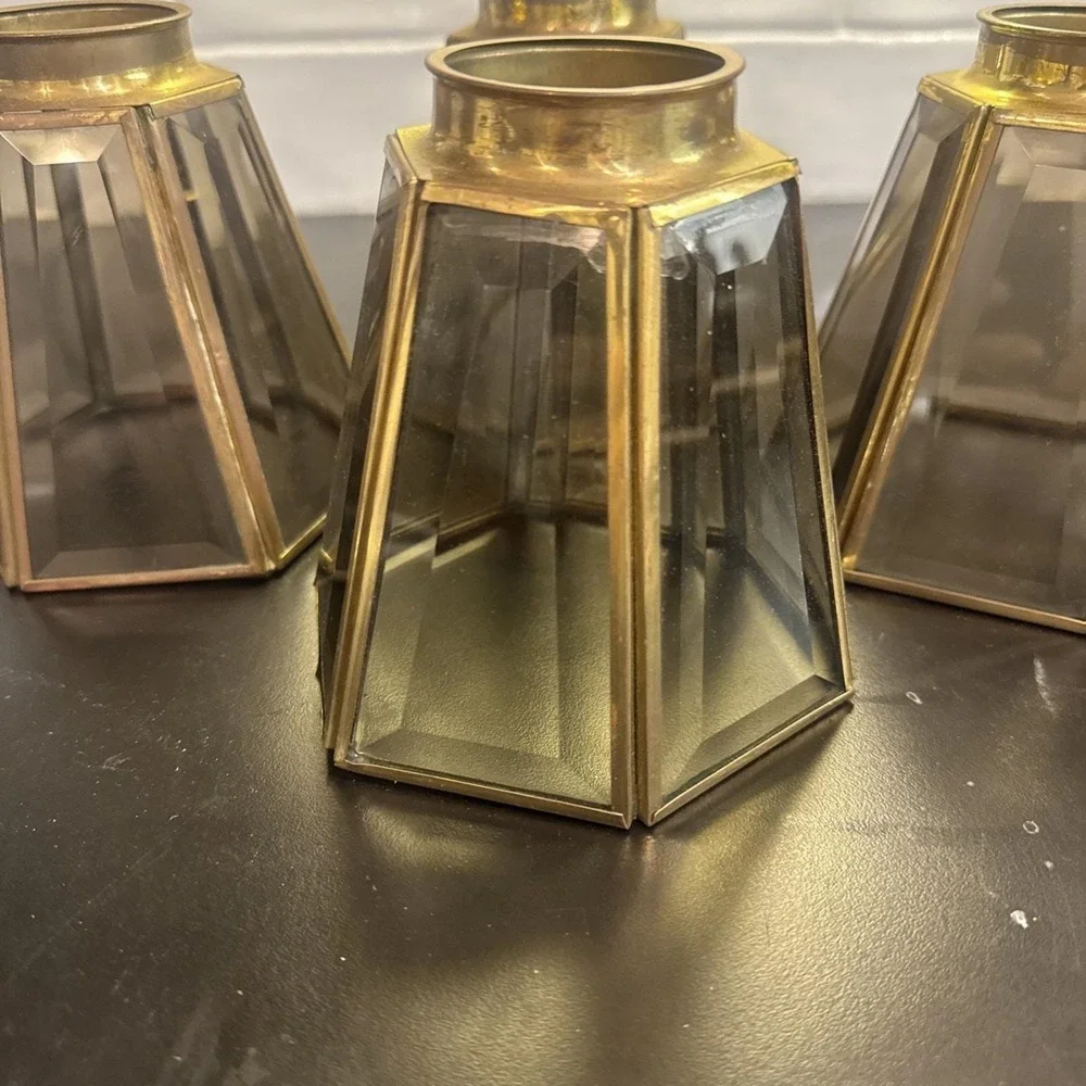 Vtg Brass 6 Panel Beveled Smokey Glass 4 Replacement Shades 4.75